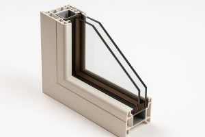 Dettaglio realistico di un vetrocamera doppio vetro con telaio in PVC per infissi ad alta efficienza energetica